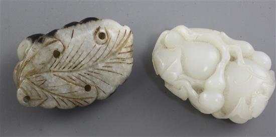 A Chinese white jade carving of gourds and a grey jade figure of a recumbent man on a leaf, 19th / early 20th century, 5cm and 5.1cm
